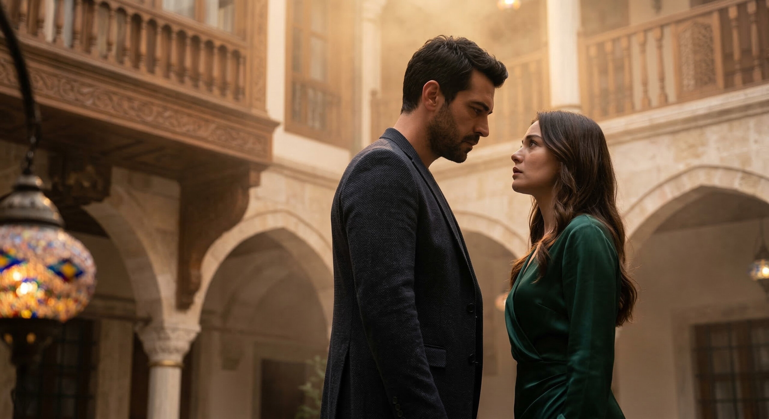 Arafta (Bound by Fate) Turkish series lead actors Ates and Mercan standing face-to-face in a traditional Istanbul courtyard.