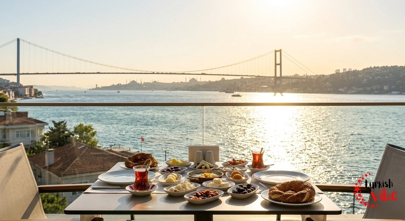 A premium Turkish breakfast spread on a high-rise terrace in Bebek, Istanbul, overlooking the Bosphorus strait at morning.