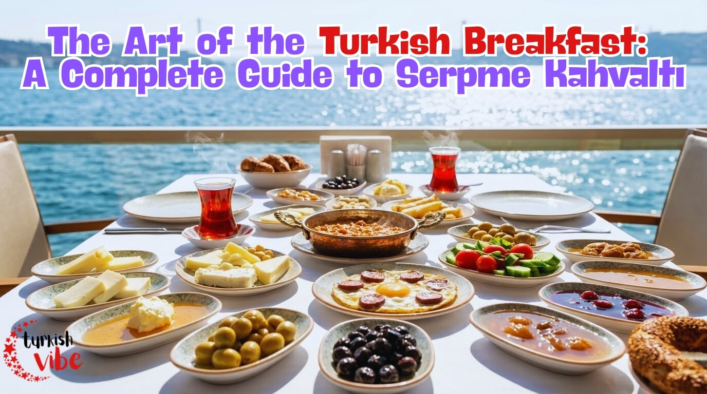 Traditional lavish Turkish Breakfast spread overlooking the Bosphorus in Istanbul.