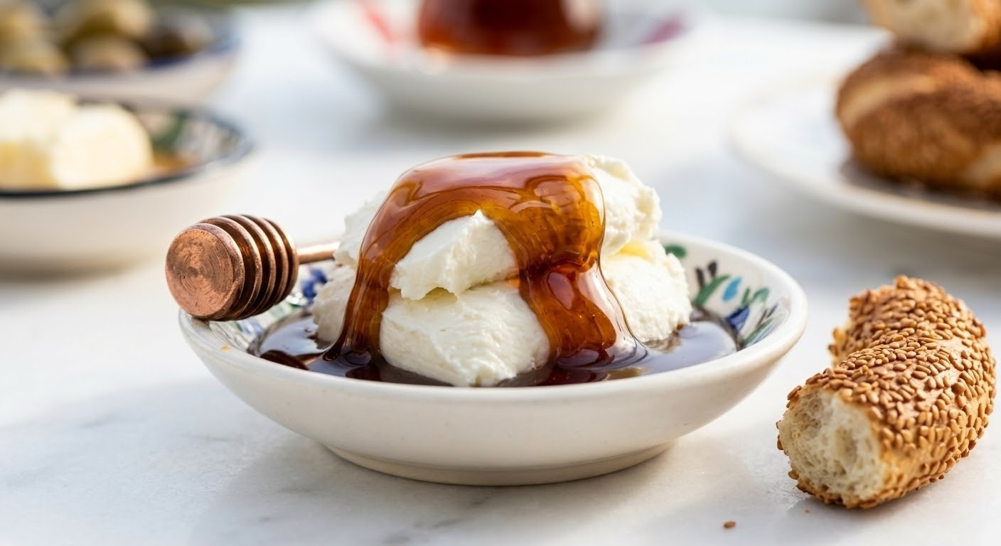 Close-up of golden organic honey drizzled over thick Turkish clotted buffalo cream (Bal-Kaymak) on a breakfast table.