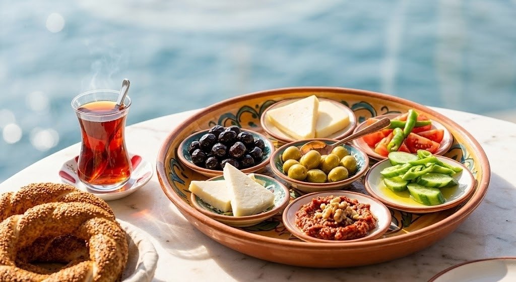 A standard and basic Turkish breakfast plate with simit (Turkish bagel) and tea.