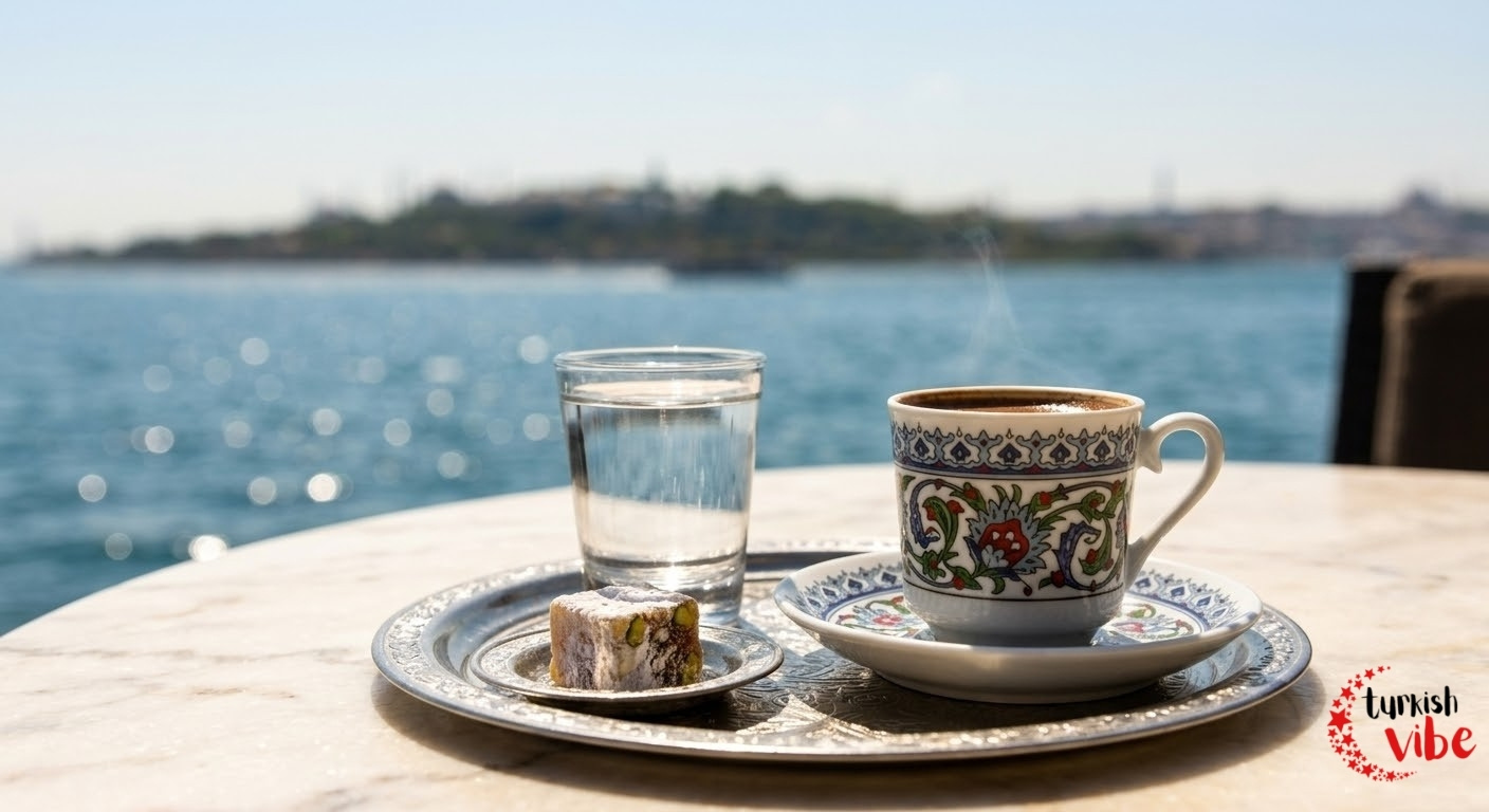 Close-up of a traditional patterned Turkish coffee finjan with a glass of water and lokum on a marble table with Bosphorus background.