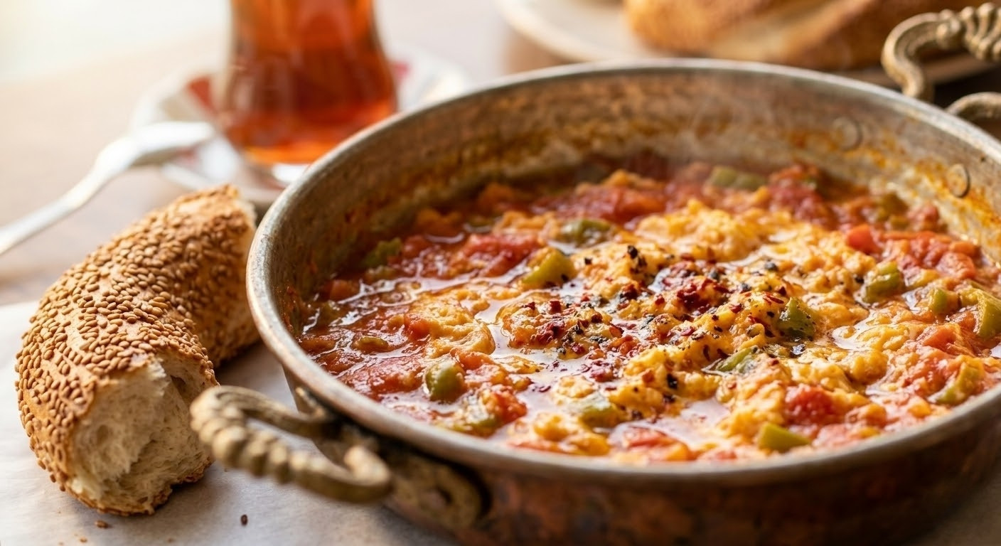Steaming traditional Turkish Menemen in a copper pan with fresh Simit. Close-up.