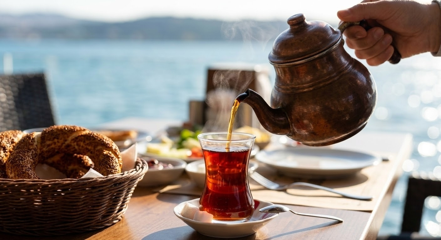Close-up of mahogany-red Turkish tea pouring from a traditional Çaydanlık into a tulip-shaped glass.