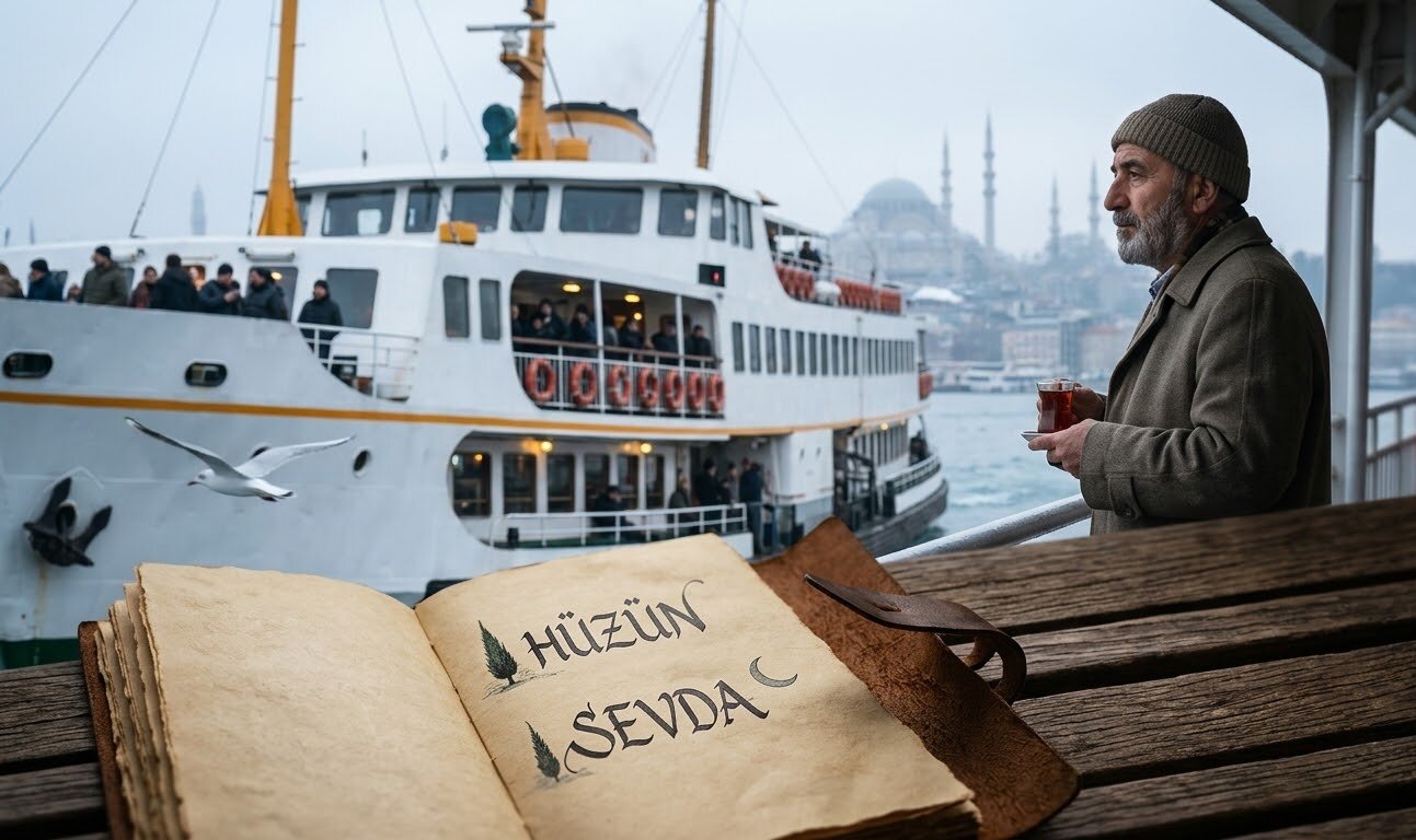A misty morning on an Istanbul ferry boat sailing on the Golden Horn, with a solitary passenger gazing at receding minarets, a traditional Turkish tea glass in hand. On a rustic wooden bench, an open leather notebook featuring stylized calligraphy for the words HÜZÜN and SEVDA, representing deep emotional longing.