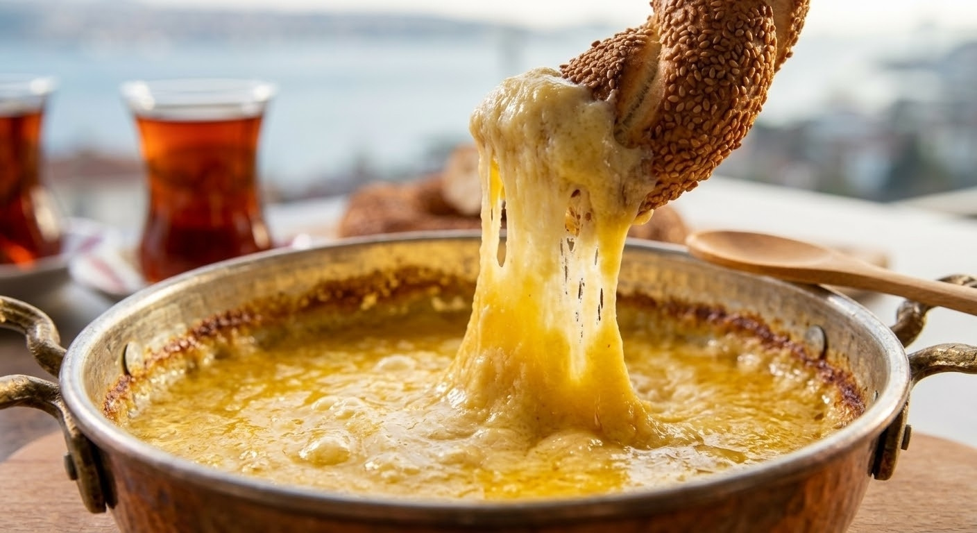 Close-up of stringy melted cheese stretching from a copper pan of Kuymak (Mıhlama) with Simit.