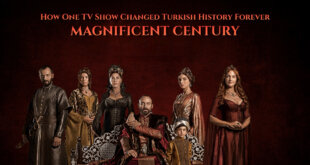 Sultan Suleiman and Hurrem Sultan standing together in the Ottoman Palace from the Magnificent Century TV series.