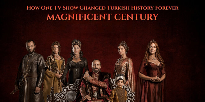 Sultan Suleiman and Hurrem Sultan standing together in the Ottoman Palace from the Magnificent Century TV series.