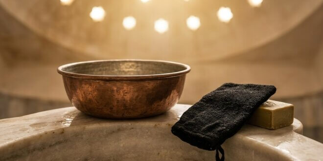 A handcrafted copper Turkish hammam bowl and kese mitt on a marble kurna basin.