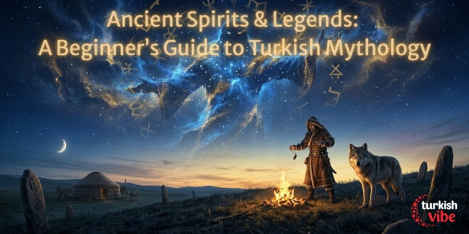 Ethereal visualization of Tengri (Sky God) and Asena (She-Wolf) with a Shaman on the steppe at twilight.