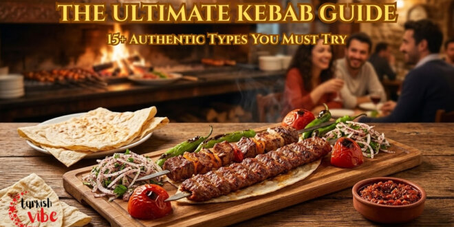 The ultimate guide to Turkish Kebab featuring a vibrant spread of Adana, Shish, and traditional side dishes on a rustic wooden table in a busy Istanbul restaurant.